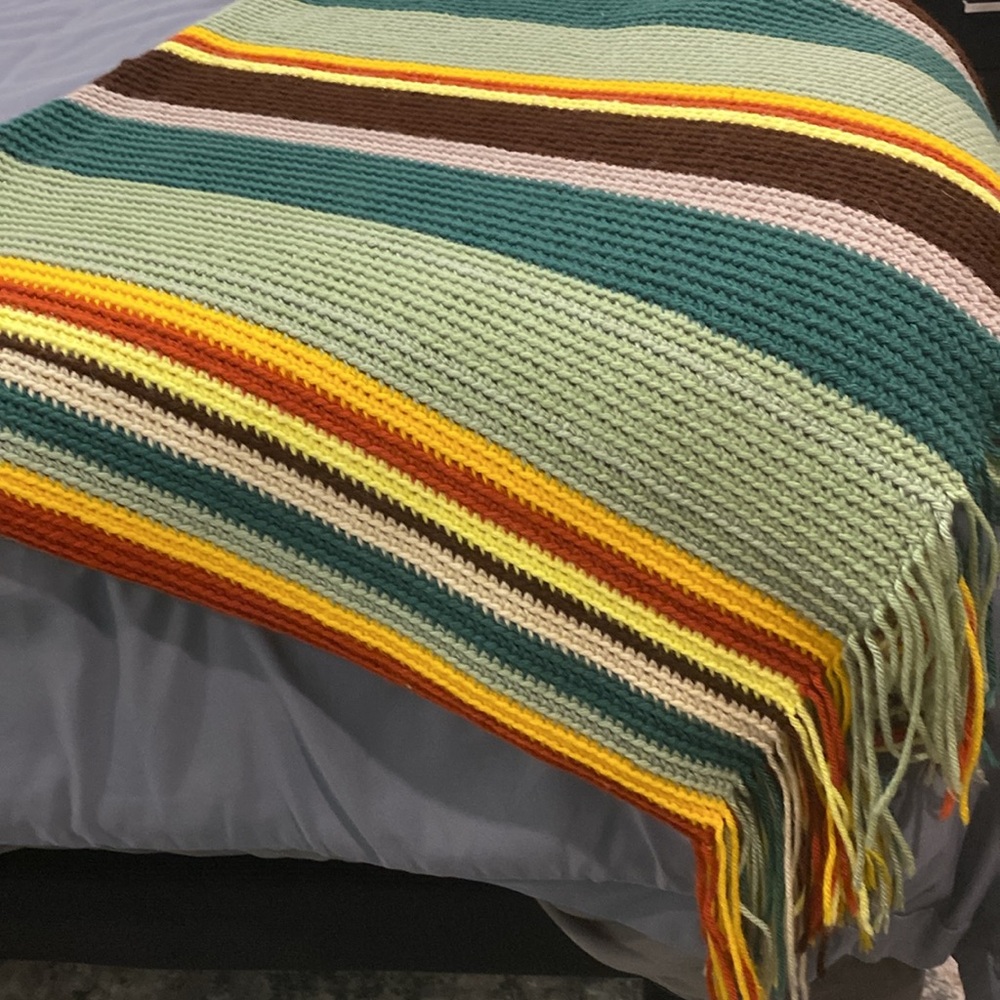 HANDMADE Striped Knit Blanket with Fringe 54x48 fringe Chic Boho Y2K